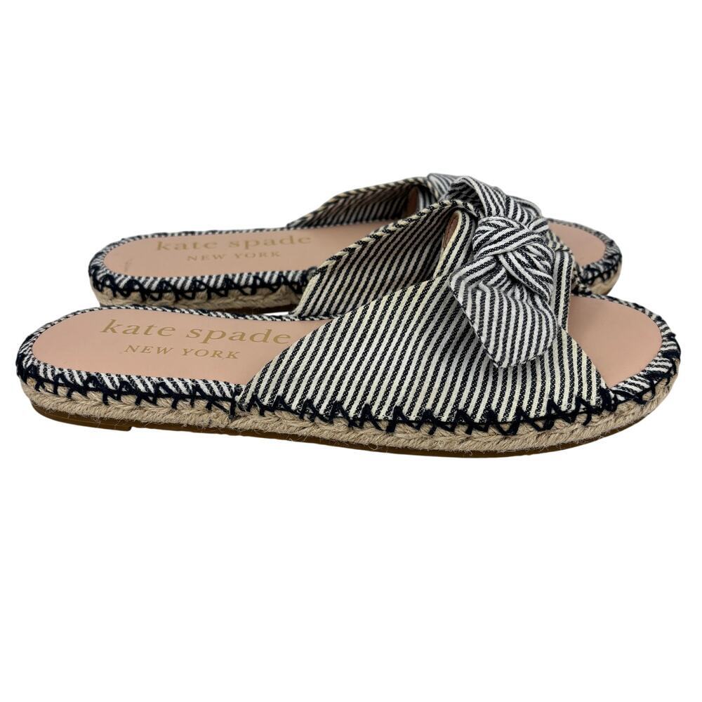 Kate Spade Slide Sandals Size 8 Blue Stripe Saltie Shore Espadrille Flat Bow - Picture 2 of 13